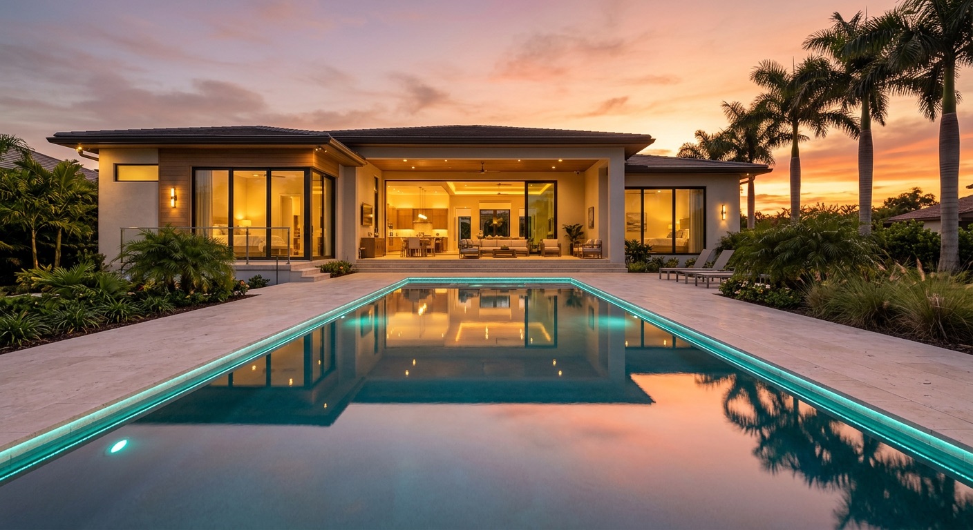 Backyard pool of a home at sunset